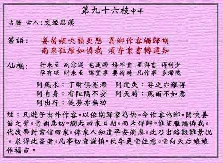 黄大仙灵签 第96签:中平 游子思家